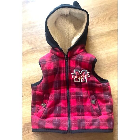 Disney Jacket Boy Mickey Mouse Plaid Sleeveless Vest Hood Pocket Cruise Size 12m - Picture 1 of 8
